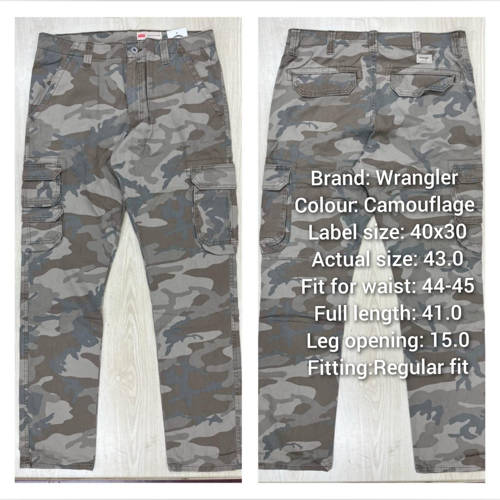 43 waist wrangler six pocket cargo pant camouflage colour